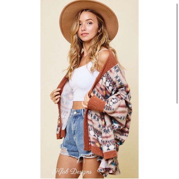 New!Sale❤️Rust Contrast Tribal Aztec Print Cuff Detail Design Open Soft Cardigan - Picture 3 of 6